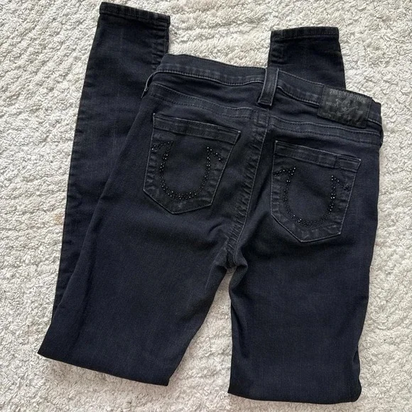 True Religion Women's Black Gray rhinestone embellished pockets Skinny jeans - Picture 2 of 4